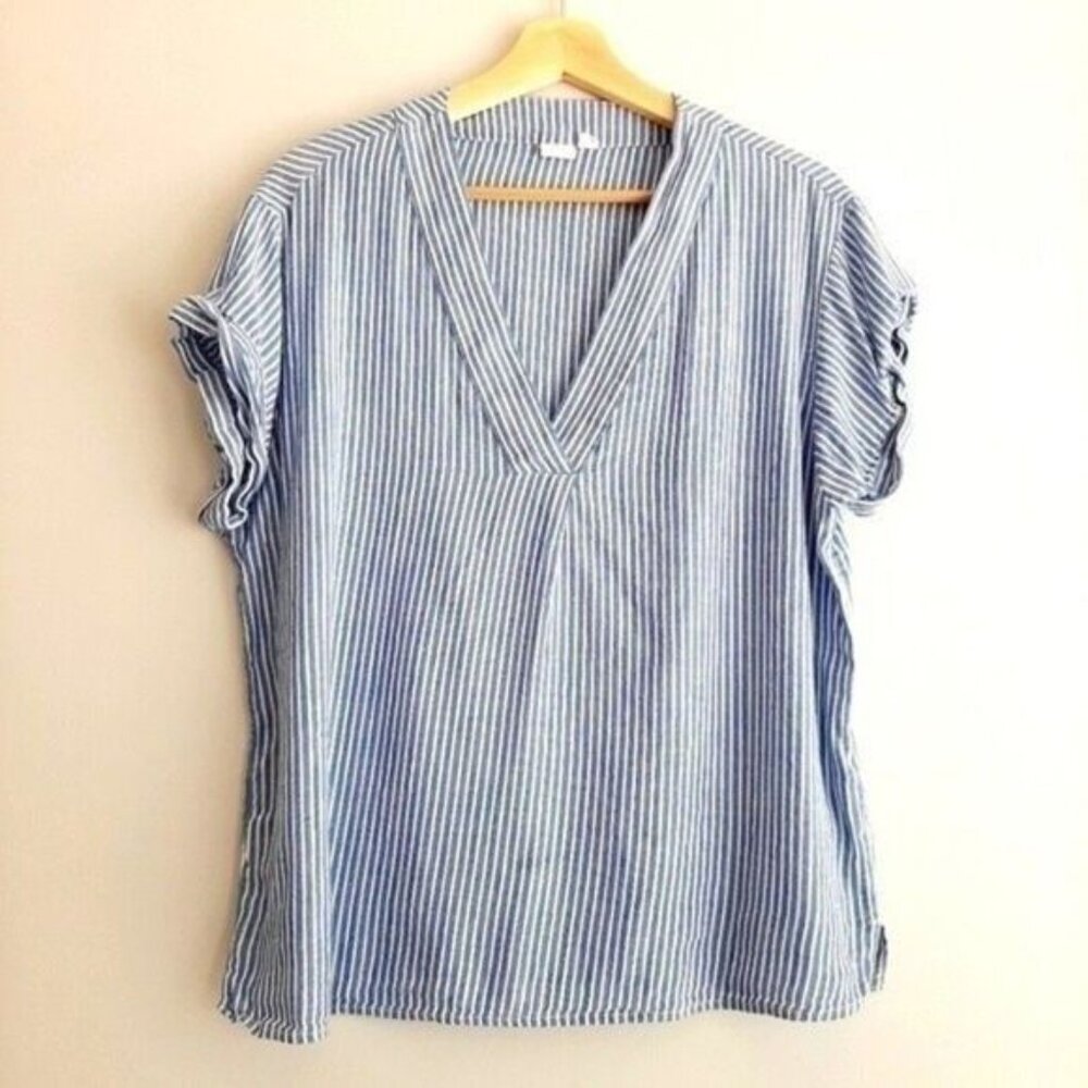 GAP Popover Short Sleeve V-Neck Blouse Blue & White Stripes Sz S